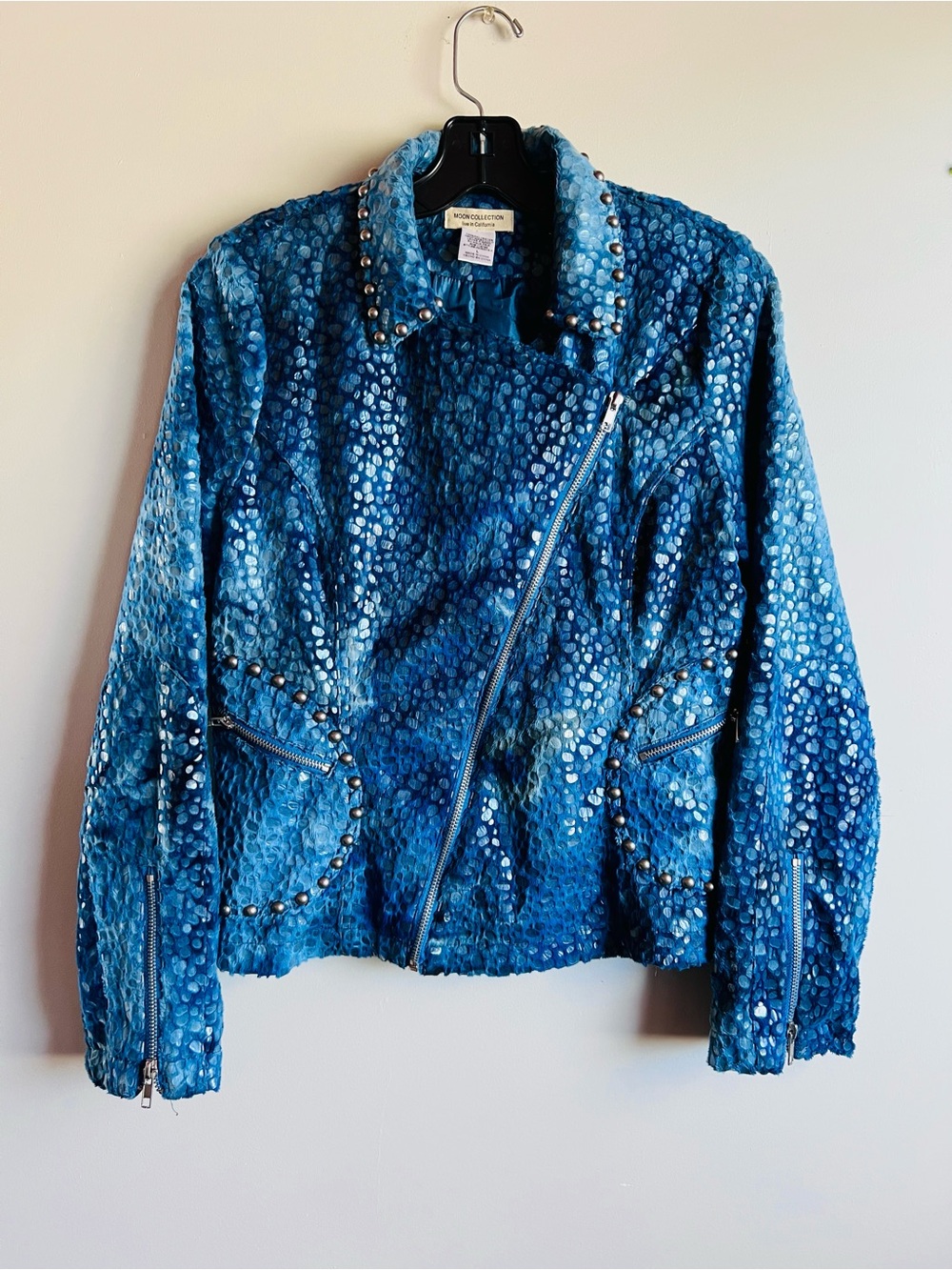 Moon Collection Blue Snakeskin Print Studded Moto Jacket Zip Up Size Large